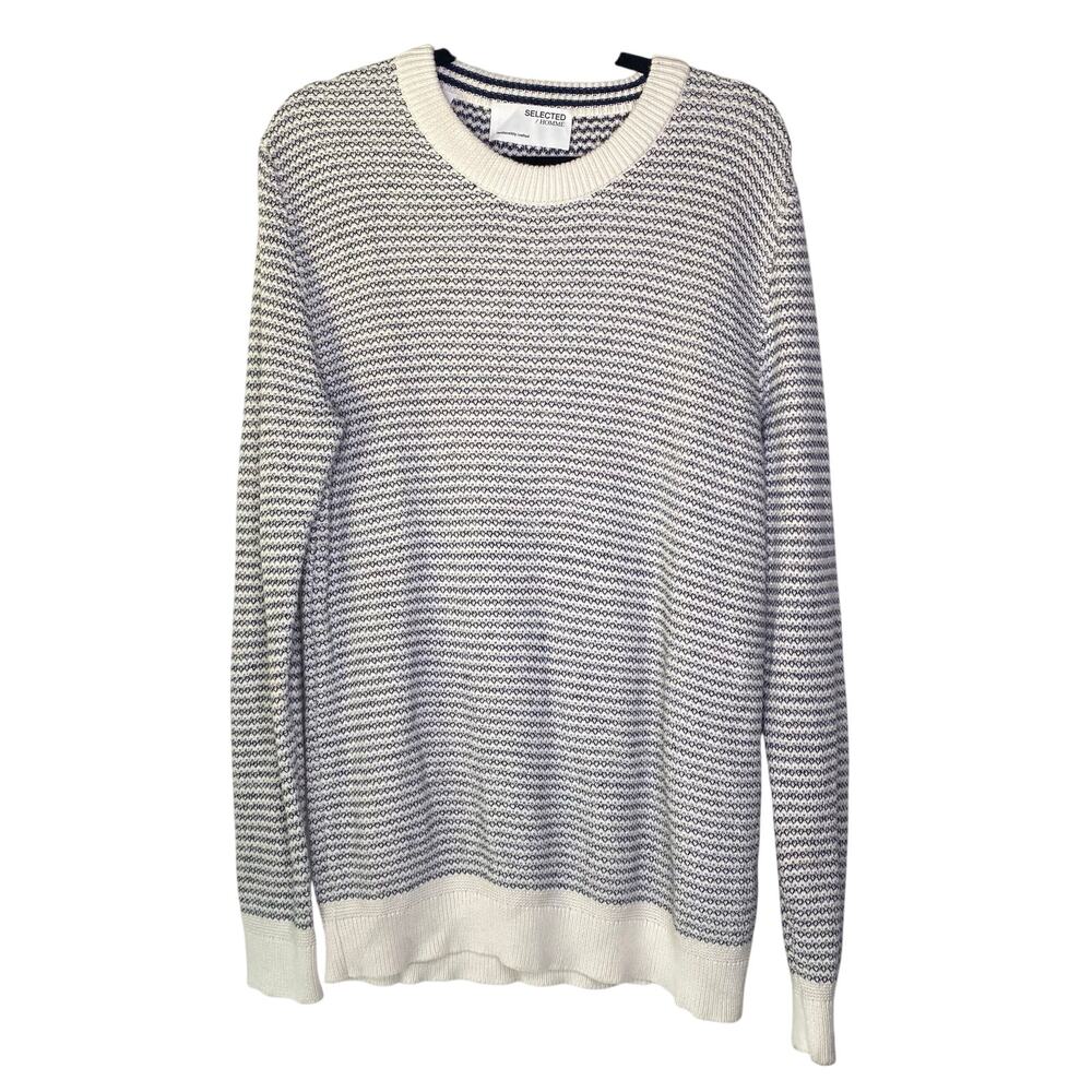 Selected Homme SLHWESLEY Blue and White Crew Neck Knit Sweater Size Large